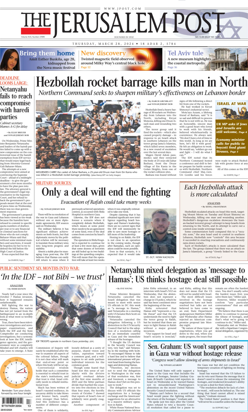The Jerusalem Post - Front Page - 03/28/2024
