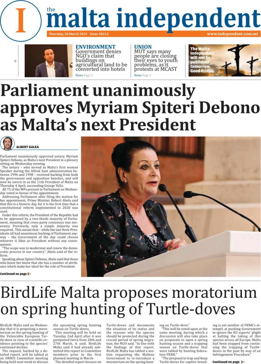 The Malta Independent - Front Page - 03/28/2024