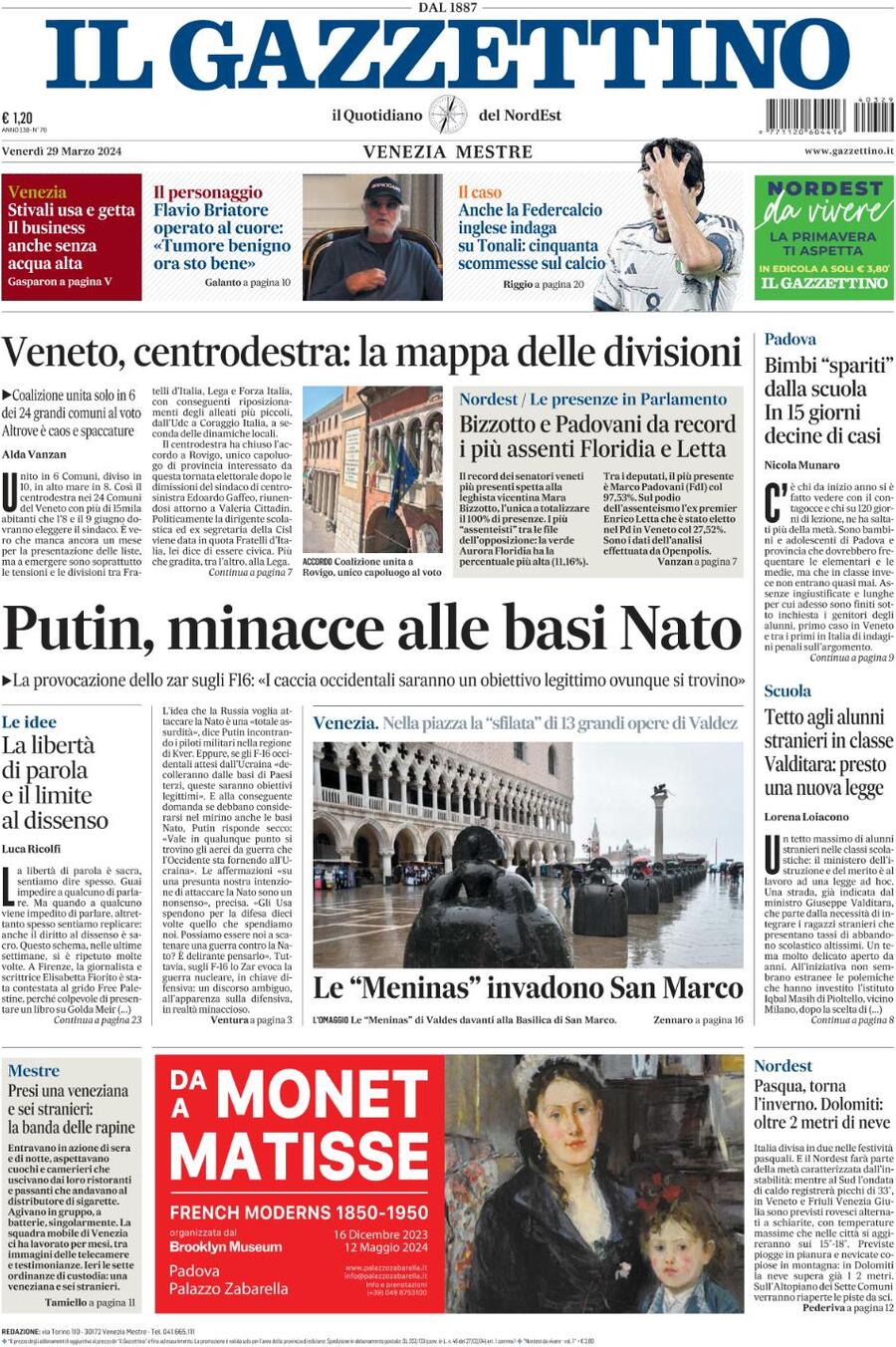 Il Gazzettino - Front Page - 03/29/2024