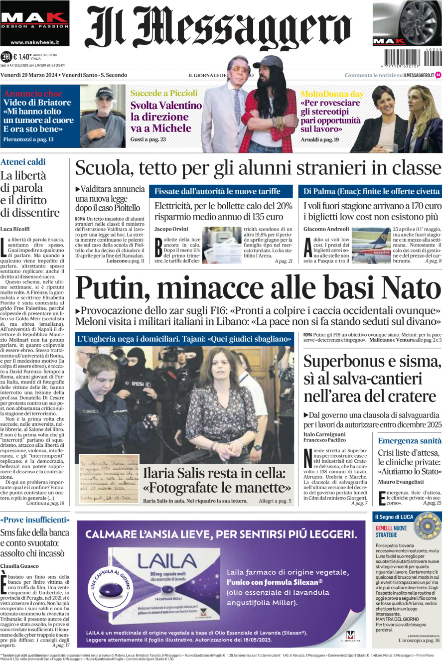 Il Messaggero - Front Page - 03/29/2024