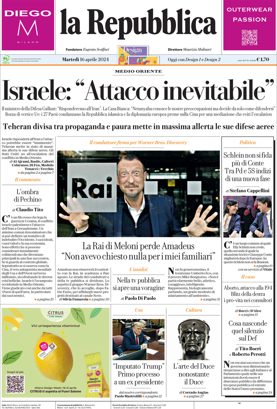 La Repubblica - Front Page - 04/16/2024