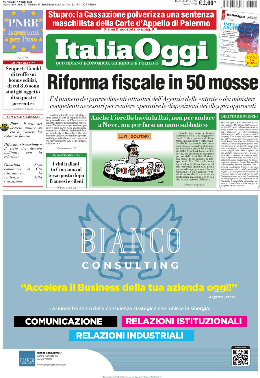 ItaliaOggi - Front Page - 04/17/2024