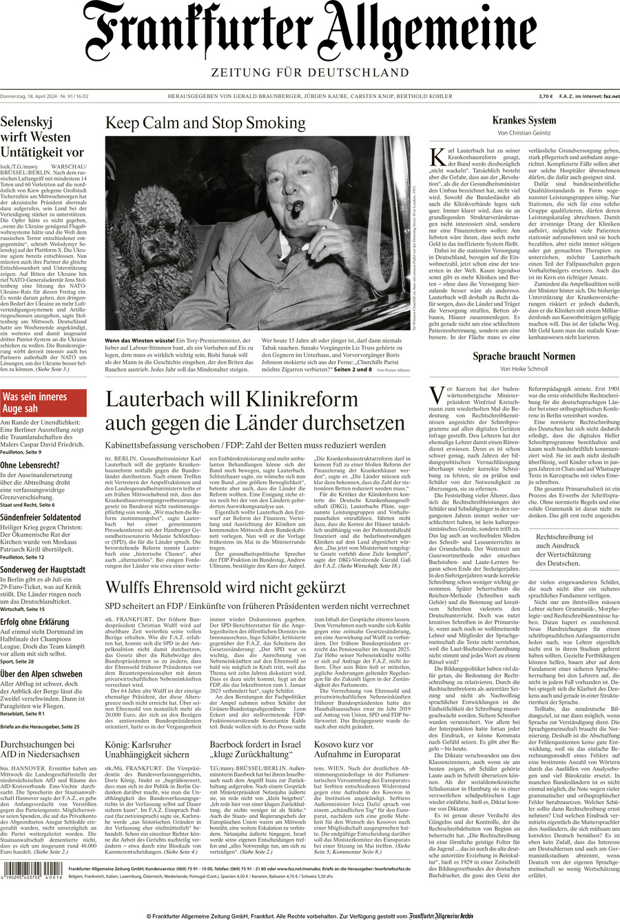 Frankfurter Allgemeine Zeitung - Front Page - 04/18/2024