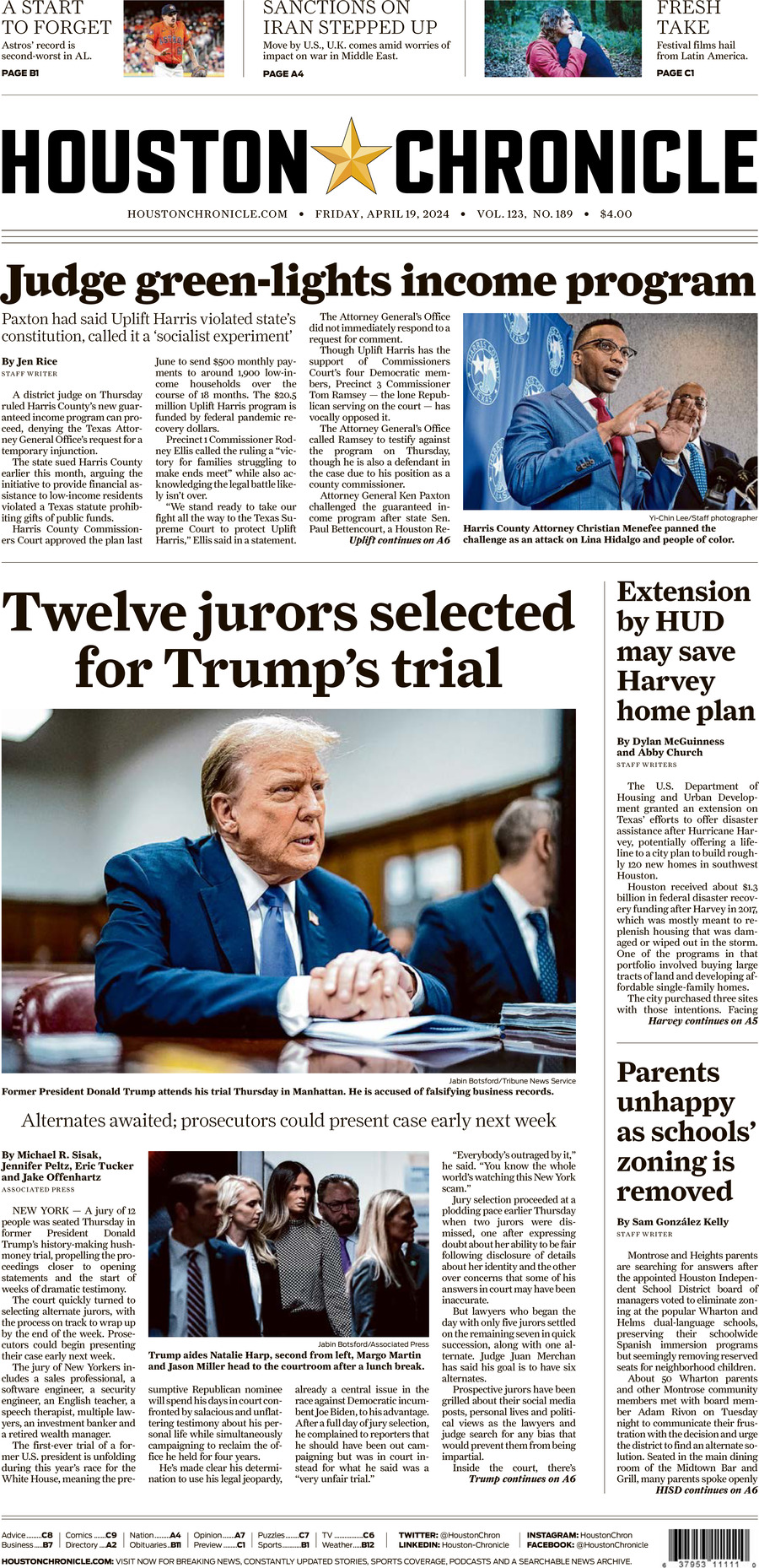 Houston Chronicle - Cover - 04/19/2024