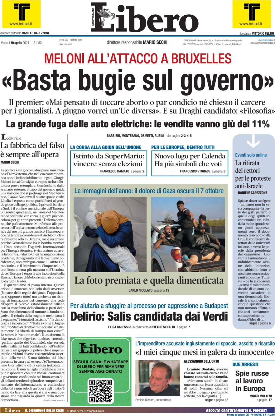 Libero Quotidiano - Front Page - 04/19/2024