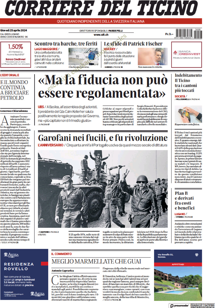 Corriere del Ticino - Front Page - 04/25/2024