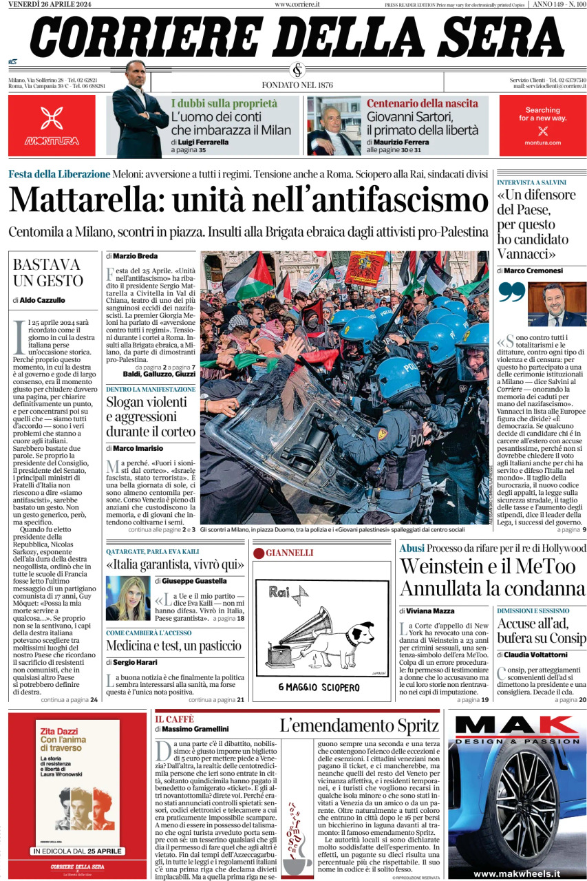 Corriere della Sera - Front Page - 04/26/2024