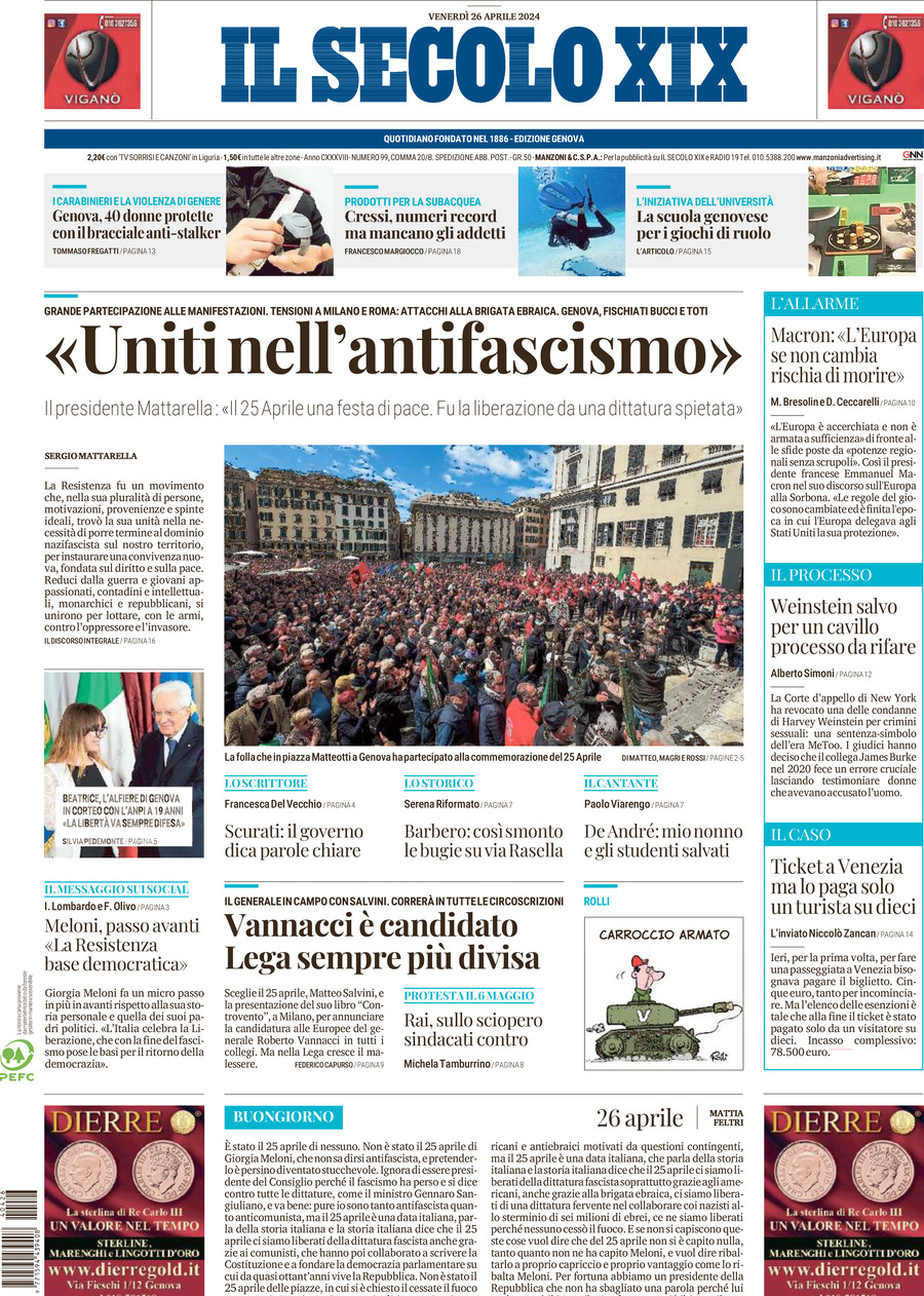Il Secolo XIX - Front Page - 04/26/2024