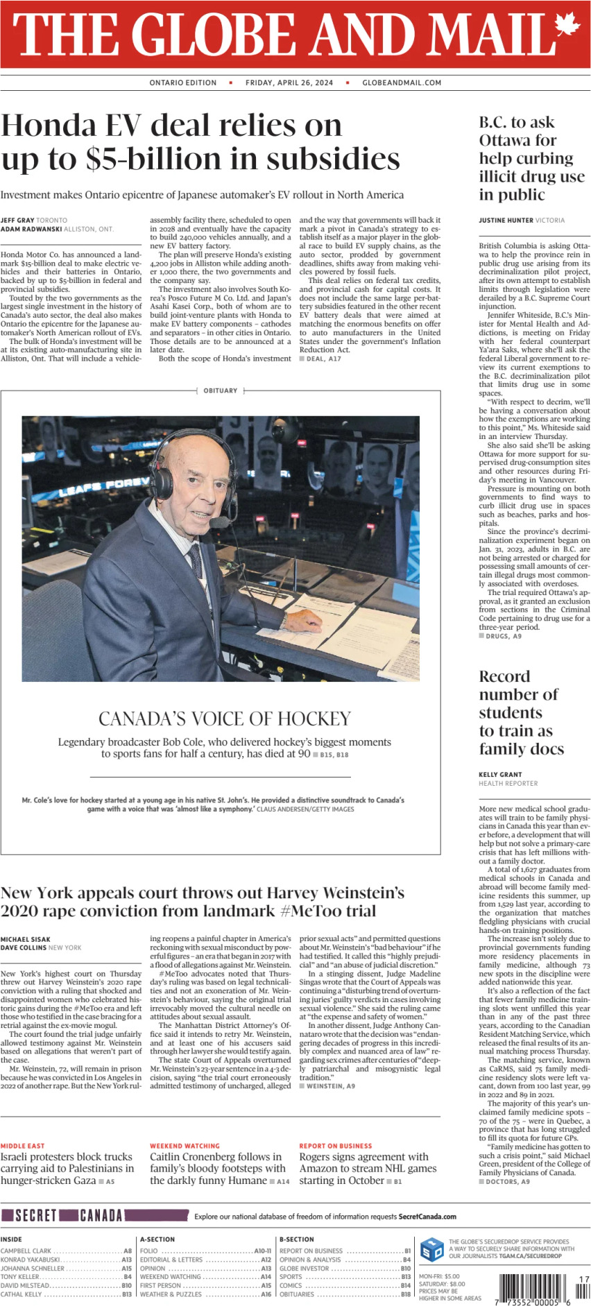 The Globe and Mail - Front Page - 04/26/2024