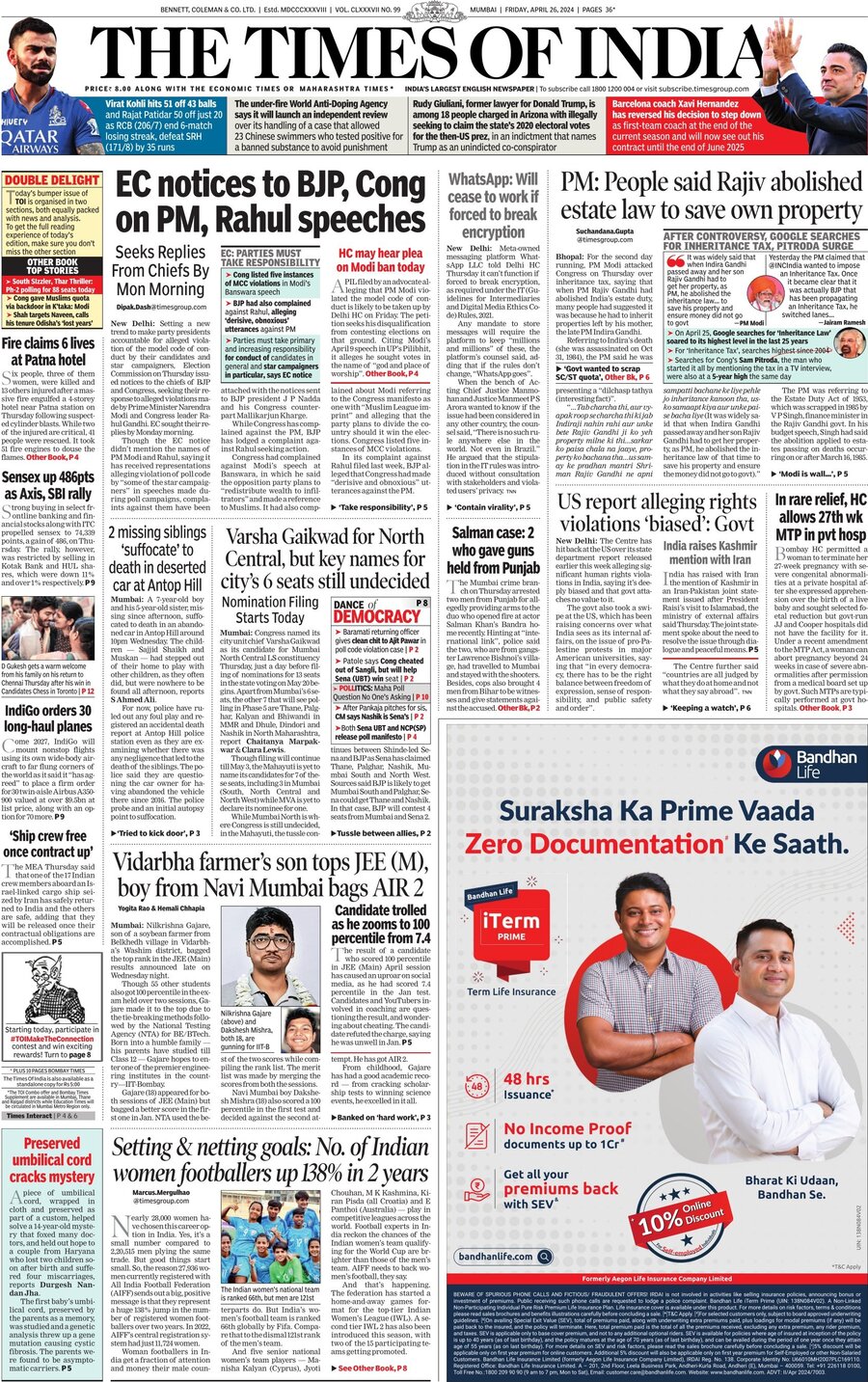 The Times of India - Front Page - 04/26/2024