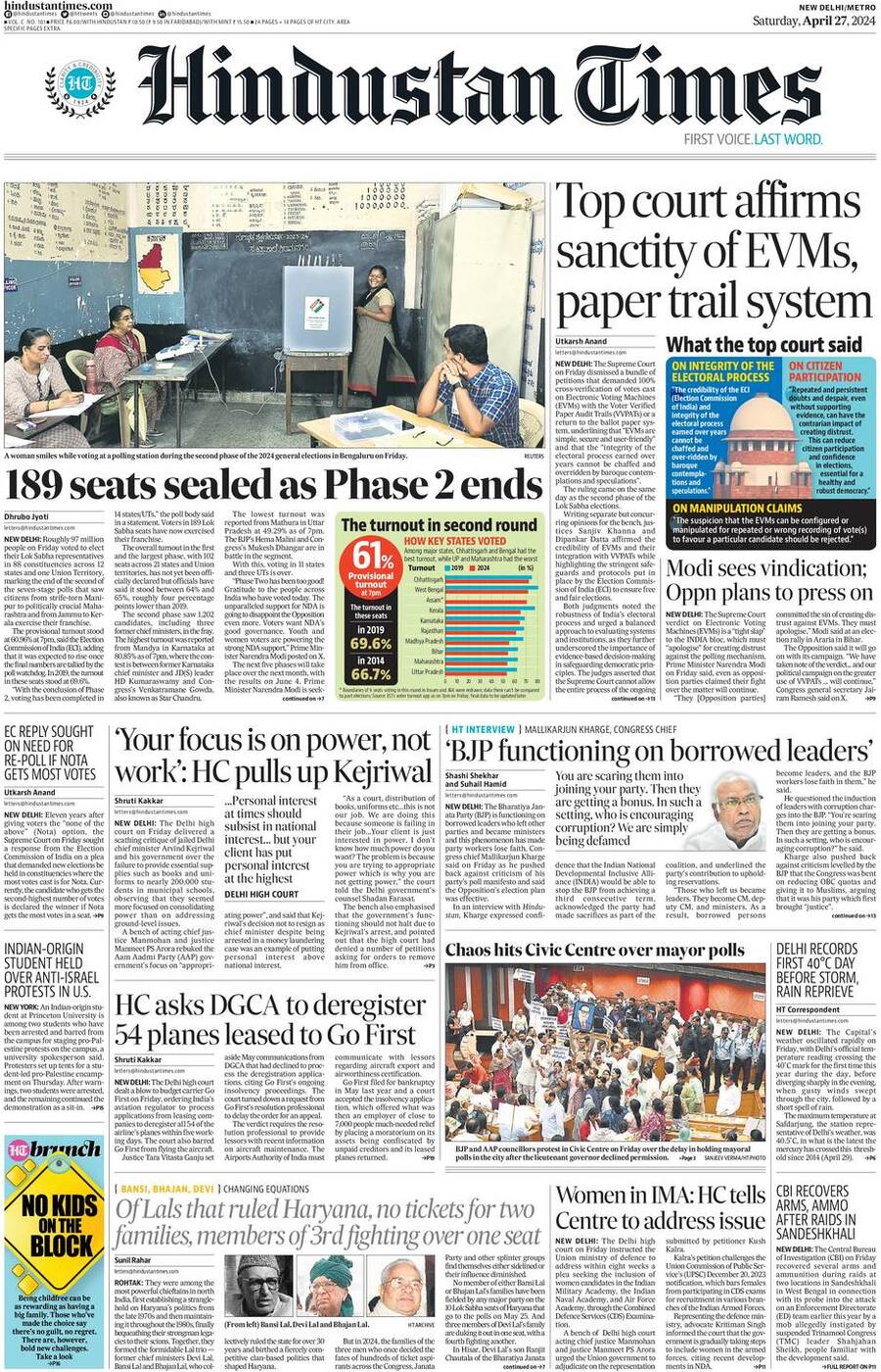 Hindustan Times - Front Page - 04/27/2024