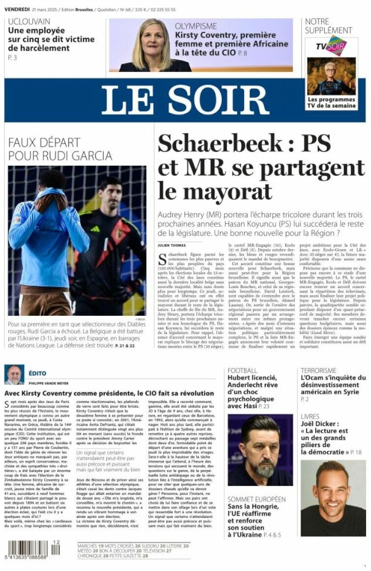 Le Soir - Front Page - 03/21/2025