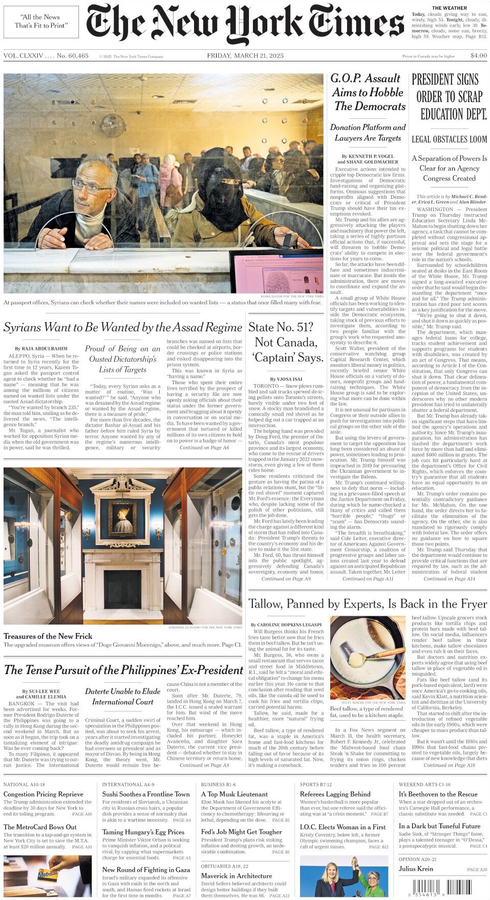 The New York Times - Today's Front Page, 21/03/2025