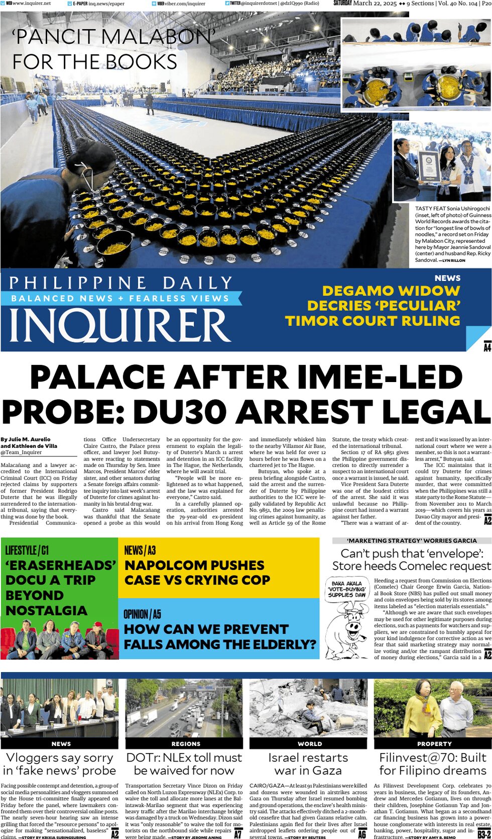 Philippine Daily Inquirer - Today's Front Page, 22/03/2025