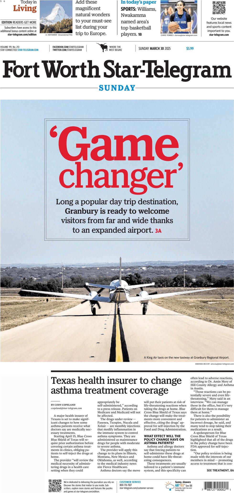 Fort Worth StarTelegram Today's Front Page, 30/03/2025