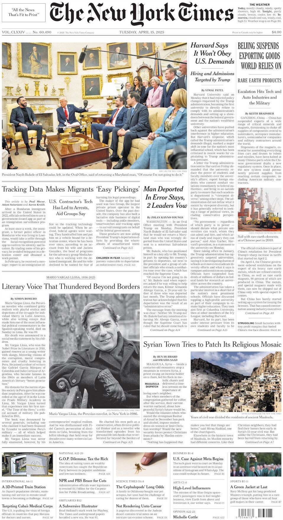 The New York Times - Today's Front Page, 15/04/2025
