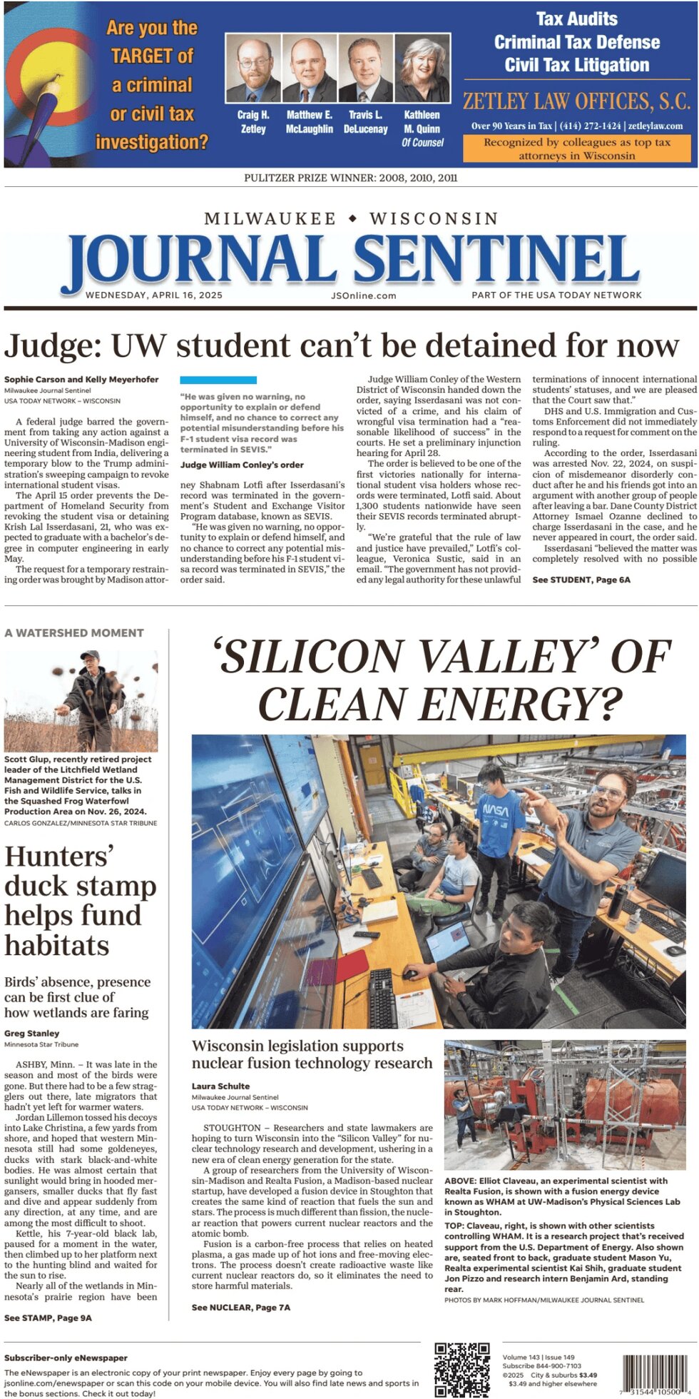 Milwaukee Journal Sentinel Today's Front Page, 16/04/2025