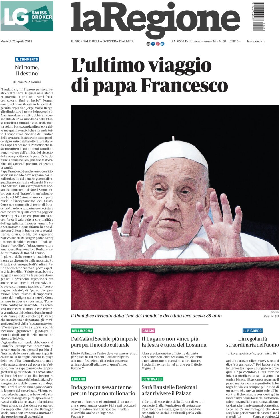 La Regione - Front Page - 04/22/2025