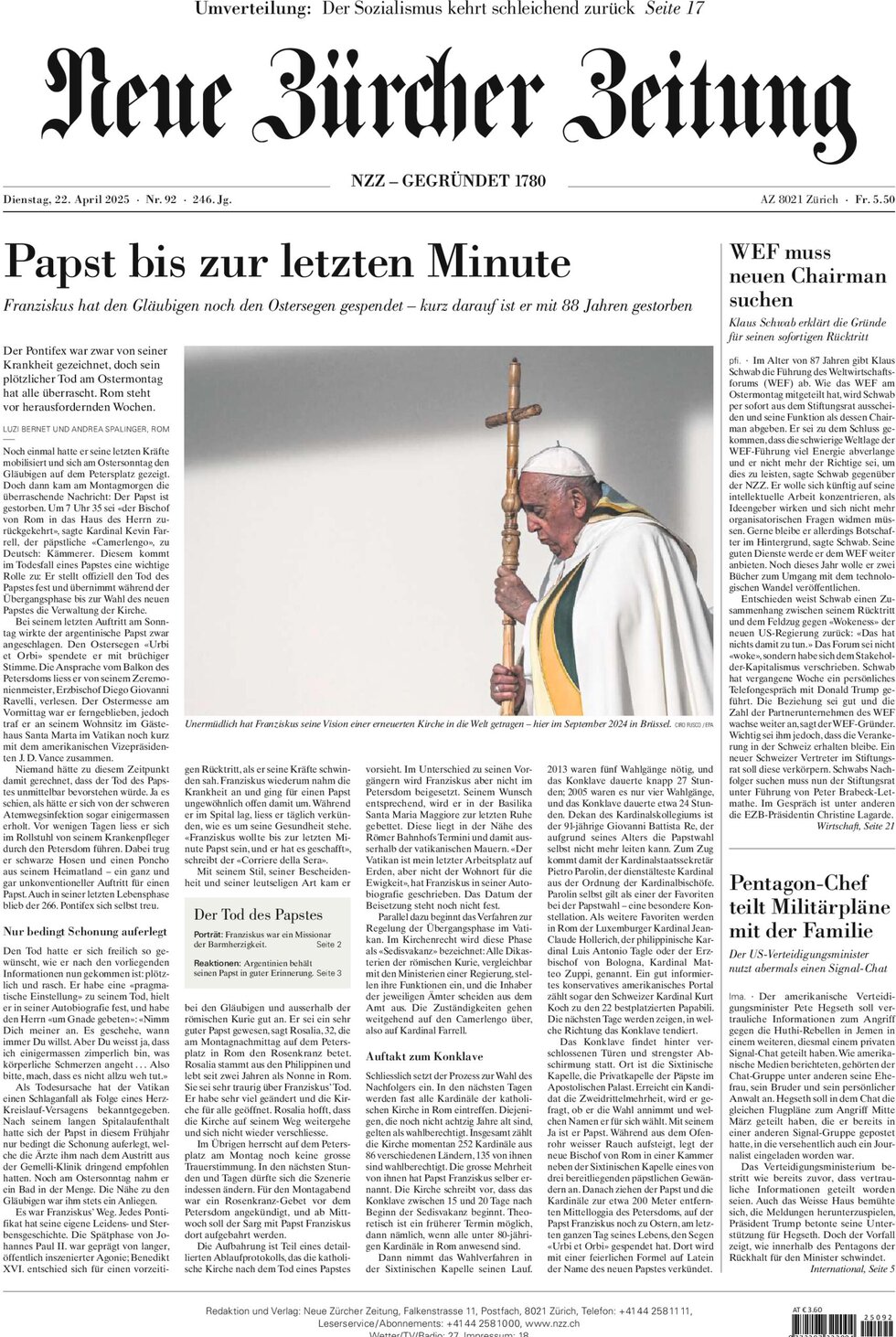 NZZ (Neue Zürcher Zeitung) - Front Page - 04/22/2025