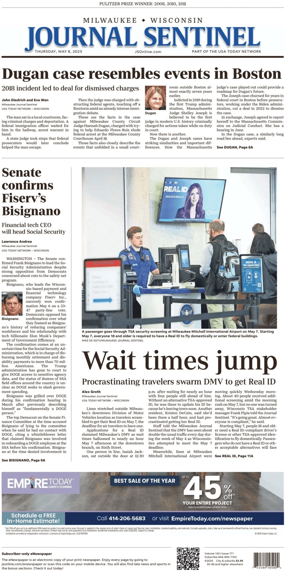 Milwaukee Journal Sentinel Today's Front Page, 08/05/2025