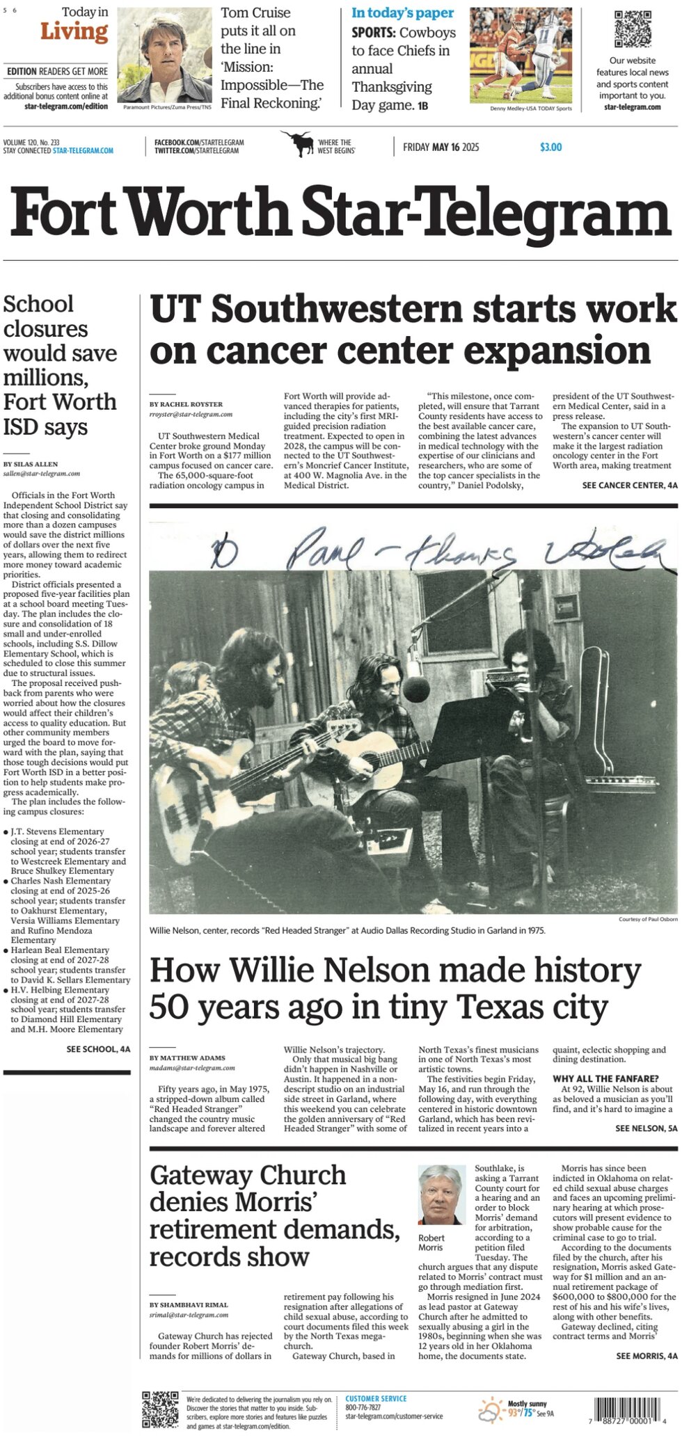 Fort Worth StarTelegram Today's Front Page, 16/05/2025