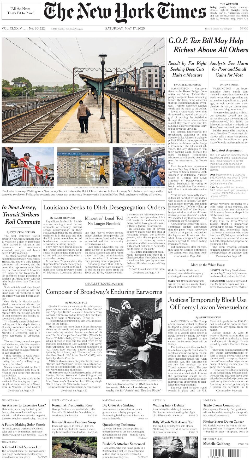 The New York Times - Today's Front Page, 17/05/2025