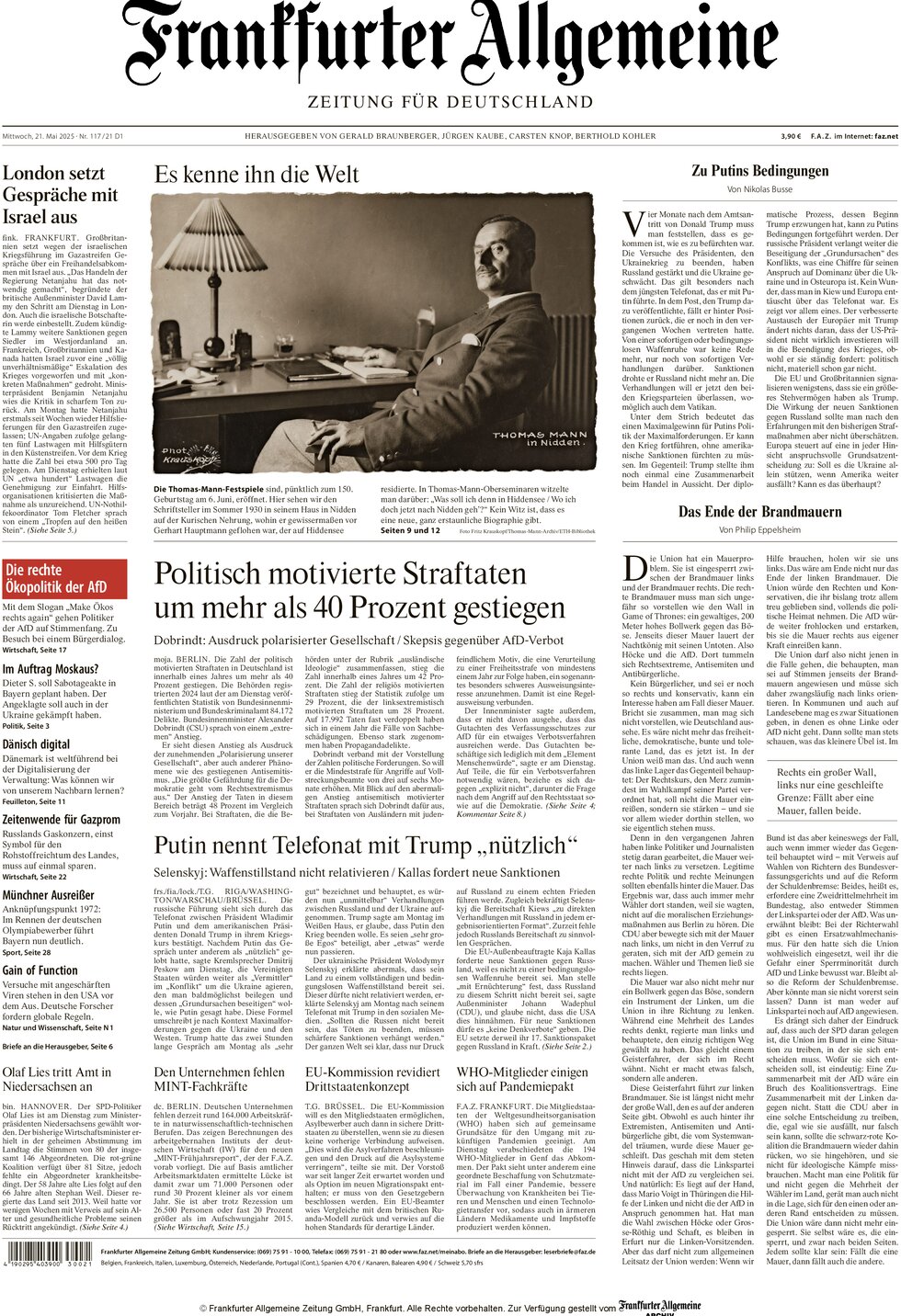 Frankfurter Allgemeine Zeitung - Front Page - 05/21/2025