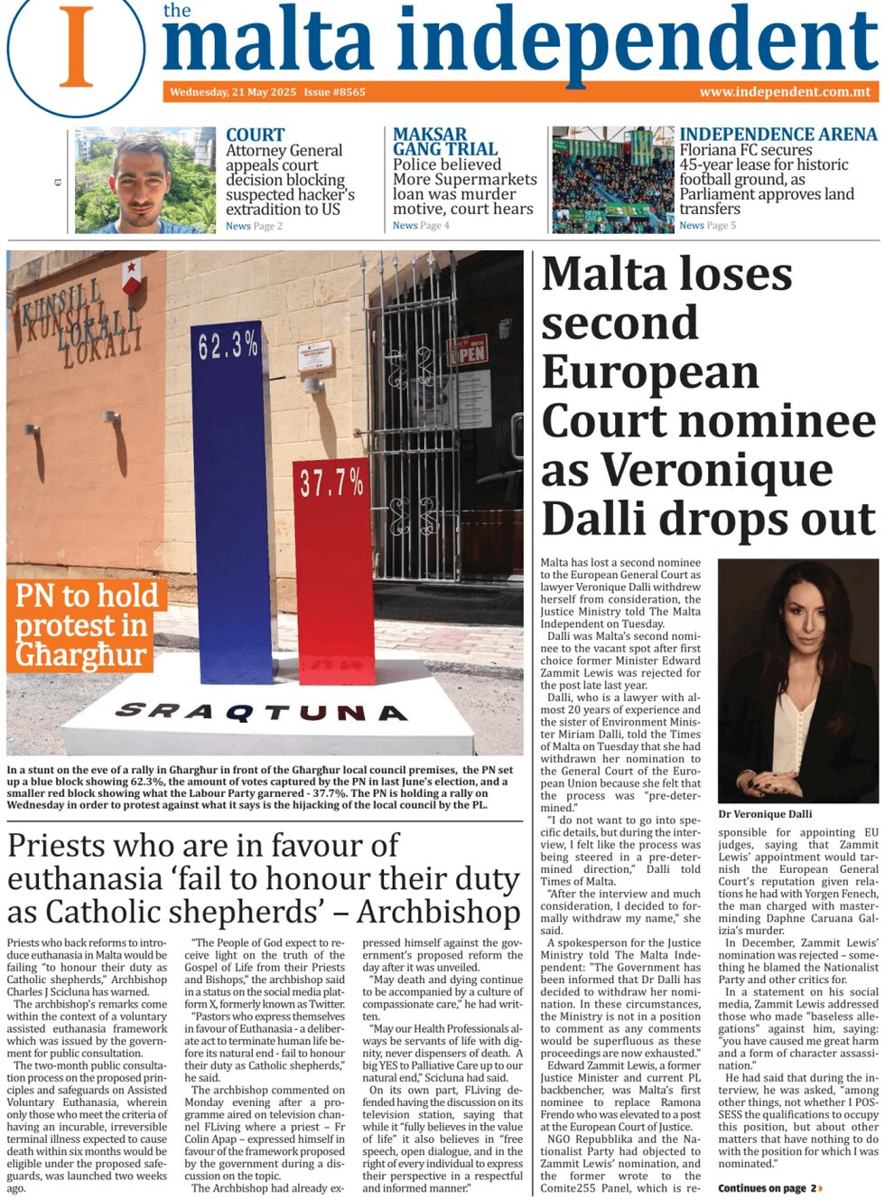 The Malta Independent - Front Page - 05/21/2025