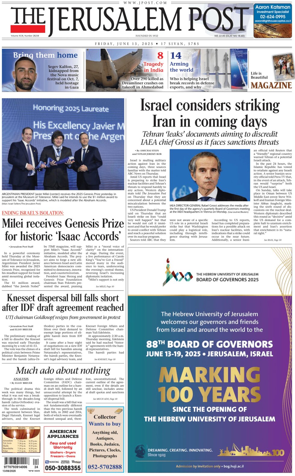 The Jerusalem Post - Front Page - 06/13/2025
