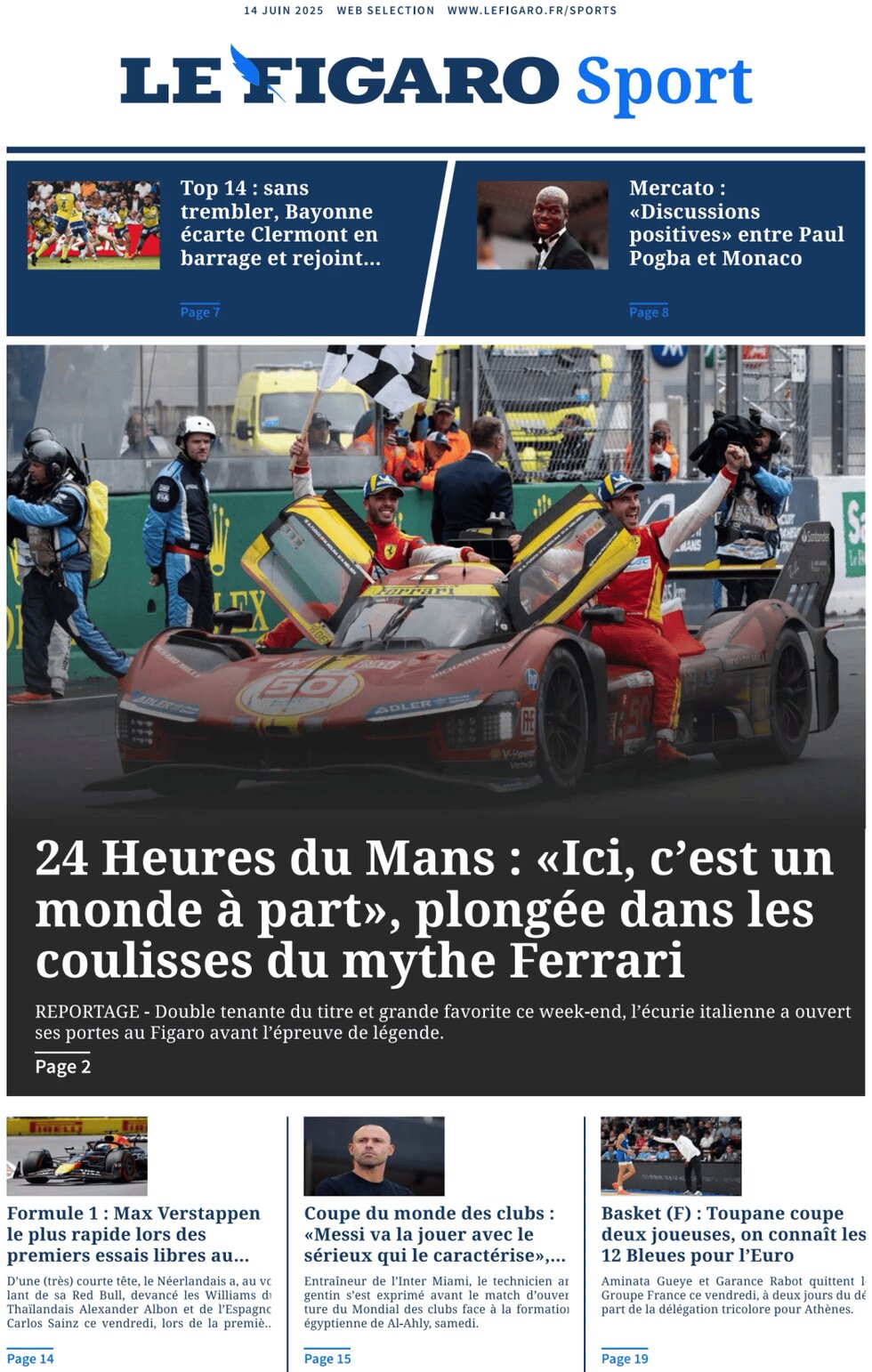 Le Figaro SPORT - Front Page - 06/14/2025