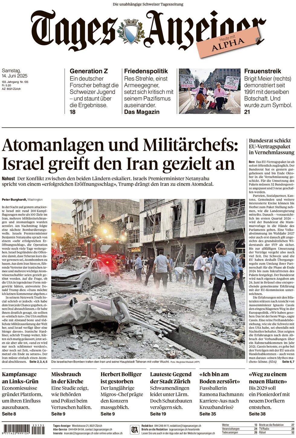 Tages-Anzeiger (Tagi TA) - Front Page - 06/15/2025