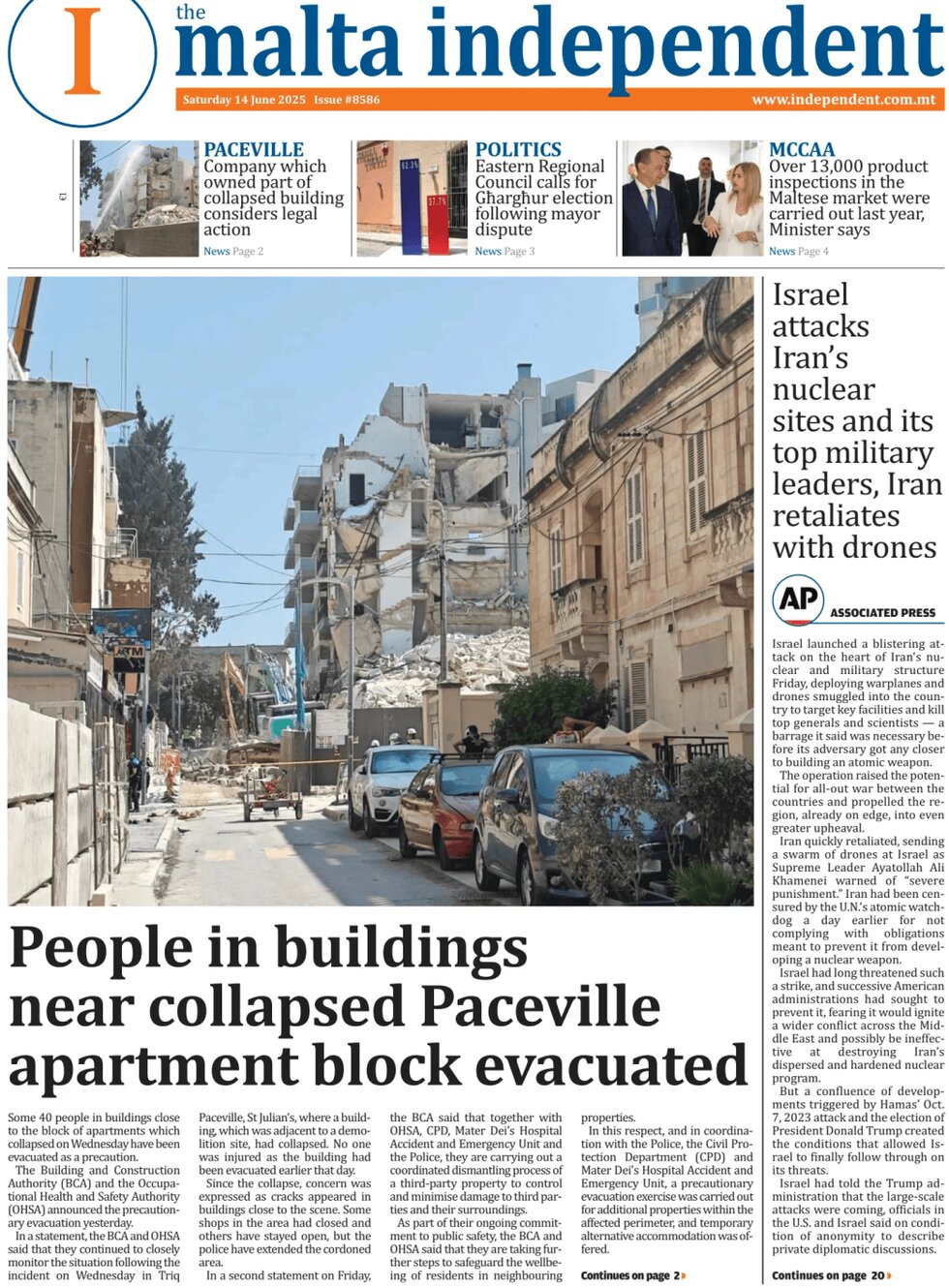The Malta Independent - Front Page - 06/14/2025