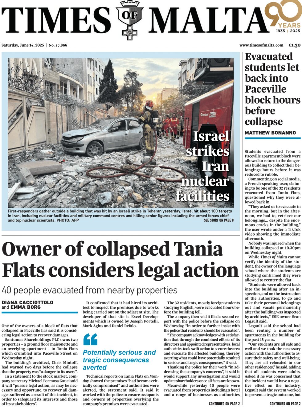 Times of Malta - Front Page - 06/14/2025