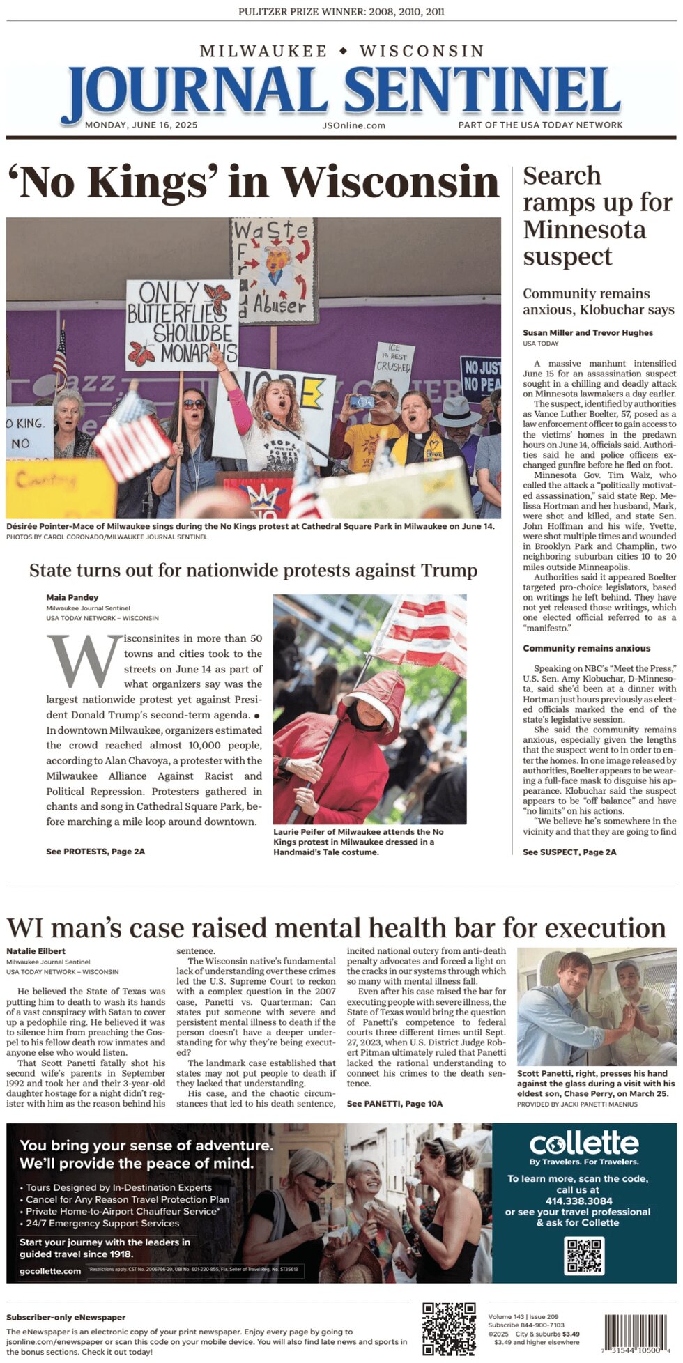 Milwaukee Journal Sentinel Today's Front Page, 16/06/2025