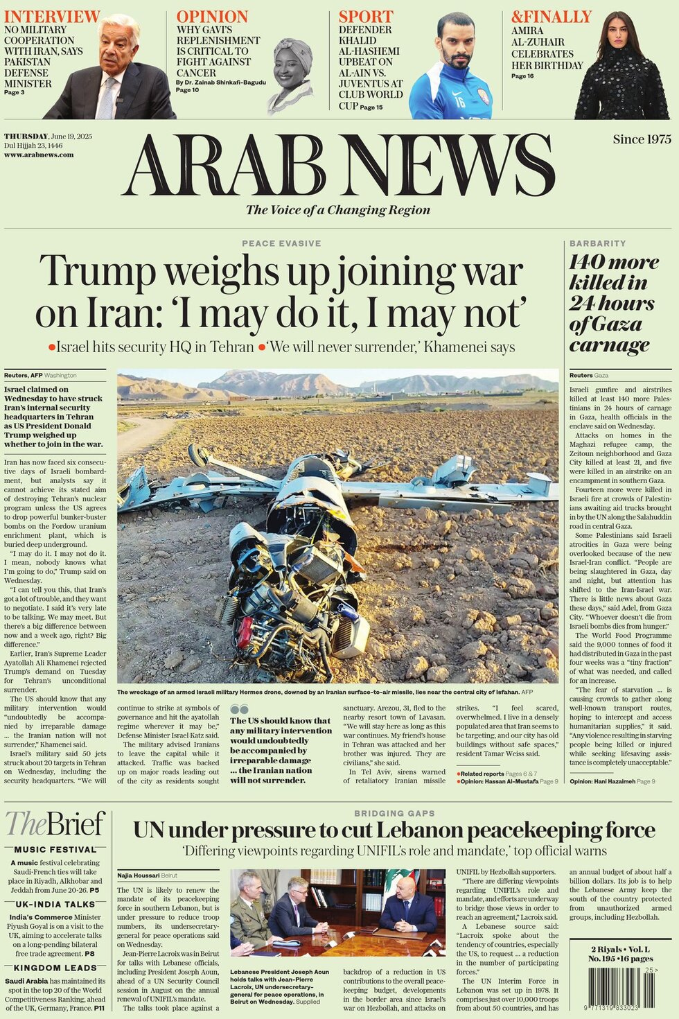 Arab News - Today's Front Page, 19/06/2025