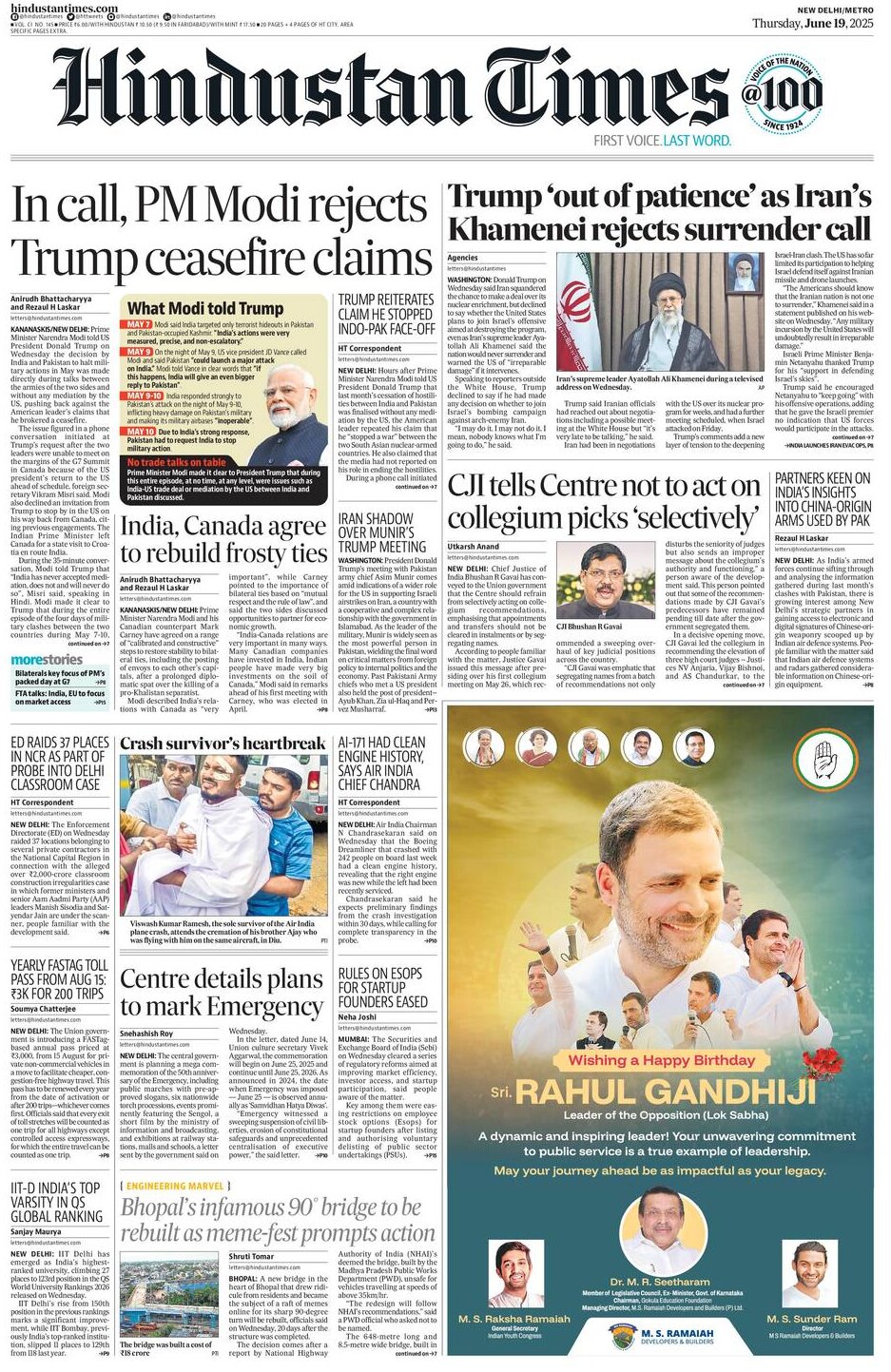 Hindustan Times - Front Page - 06/19/2025