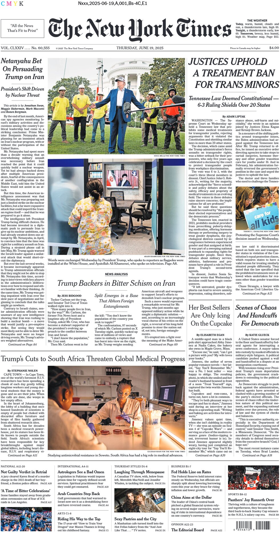 The New York Times - Today's Front Page, 19/06/2025