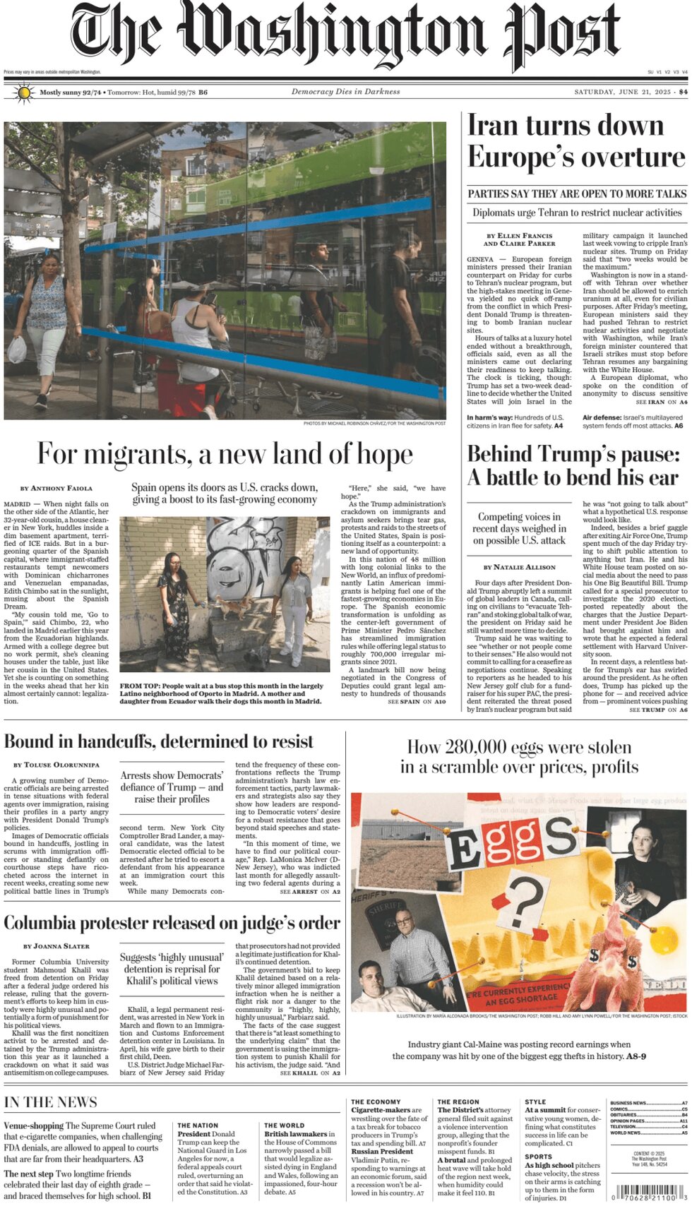 Washington State Post The Washington Post - Today's Front Page, 21/06/2025