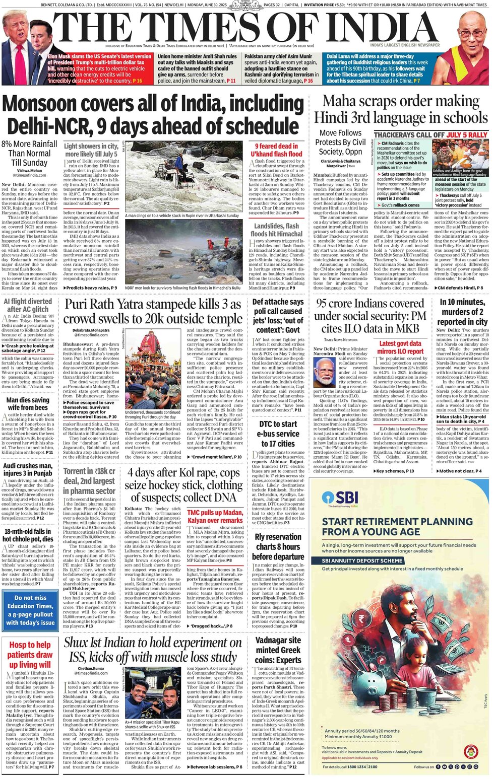 The Times of India - Front Page - 06/30/2025