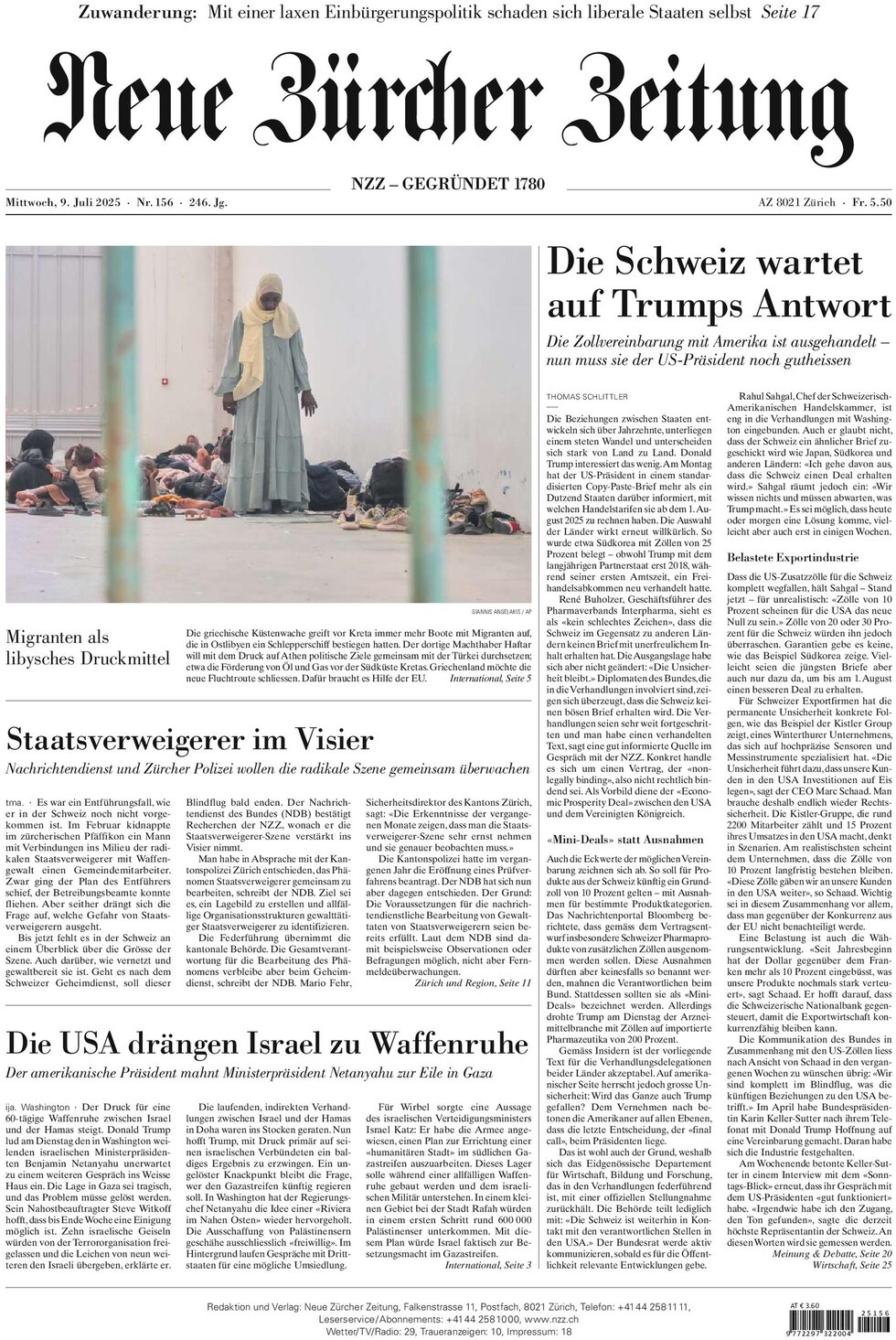 NZZ (Neue Zürcher Zeitung) - Front Page - 07/09/2025