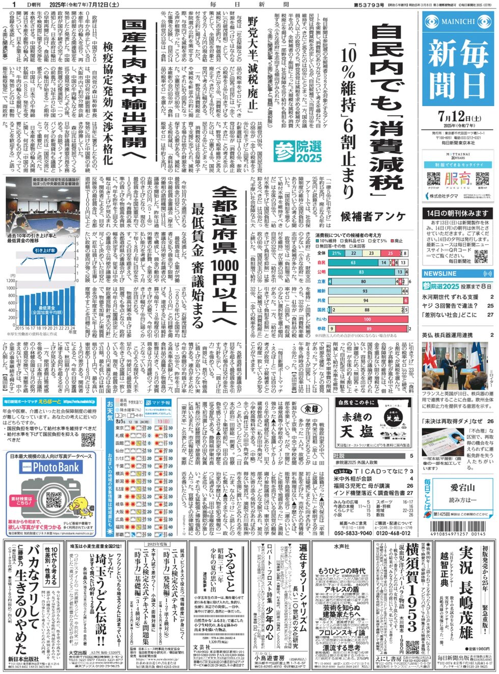 Mainichi Shinbun - Front Page - 07/12/2025