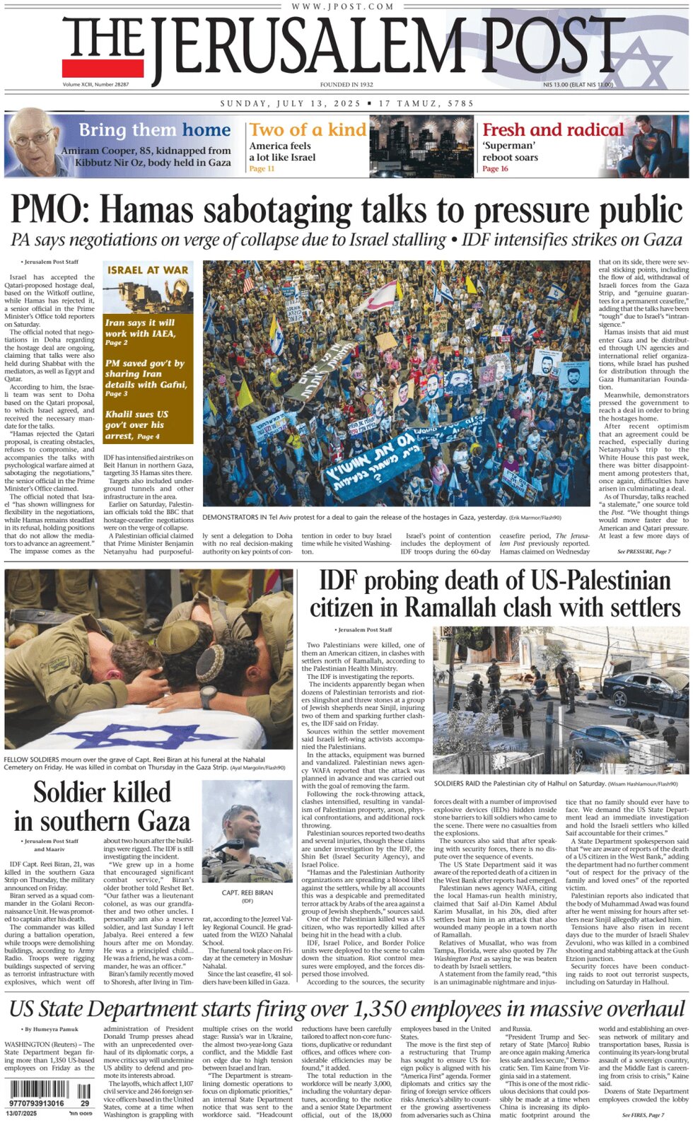 The Jerusalem Post - Front Page - 07/13/2025