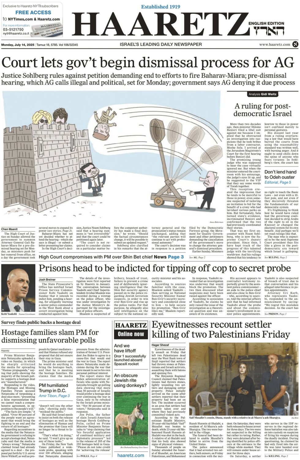 Haaretz - Front Page - 07/14/2025