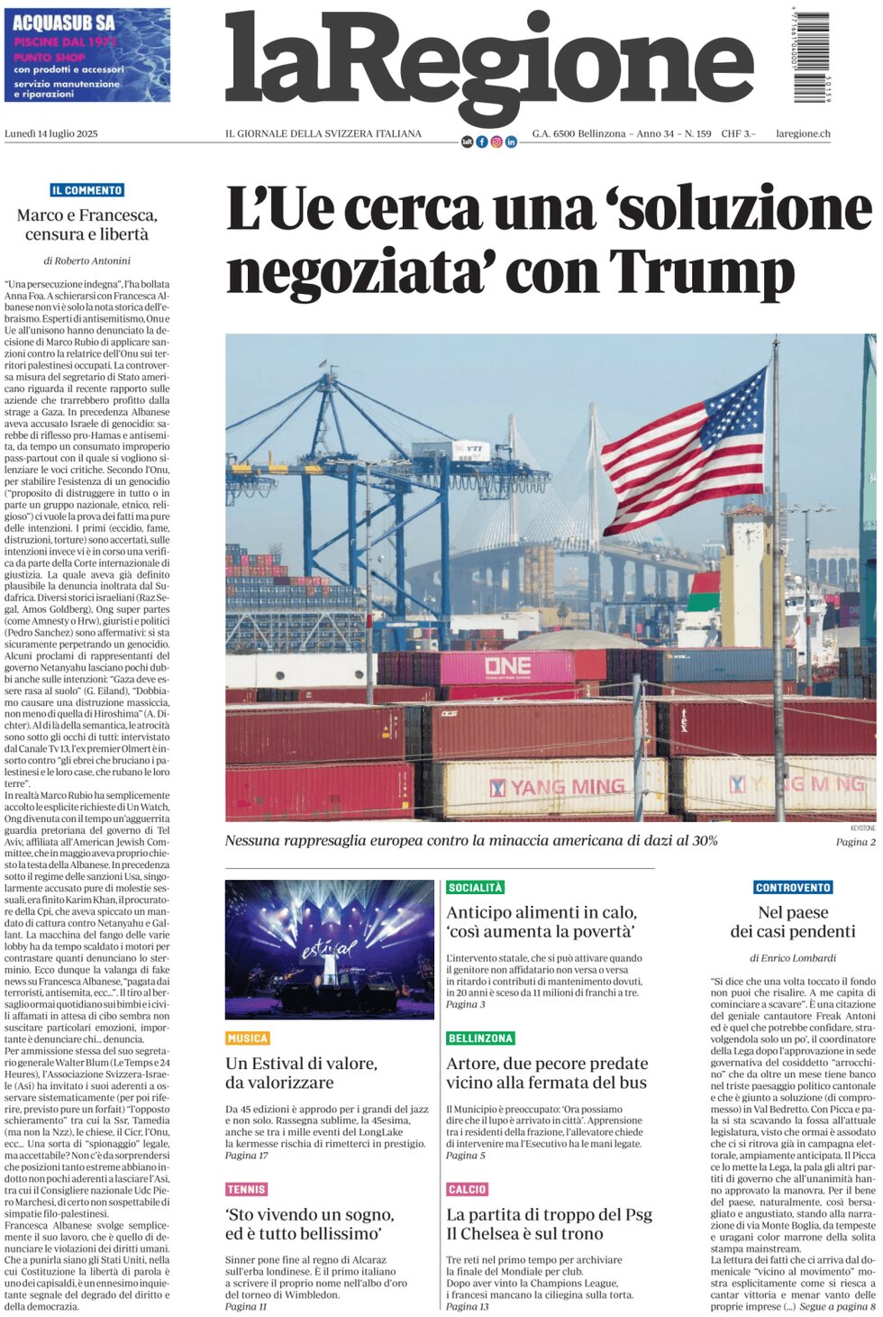 La Regione - Front Page - 07/14/2025
