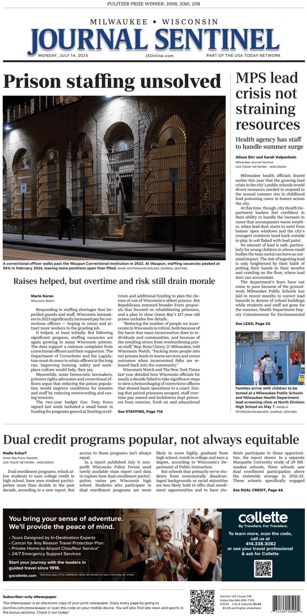 Milwaukee Journal Sentinel Today's Front Page, 14/07/2025