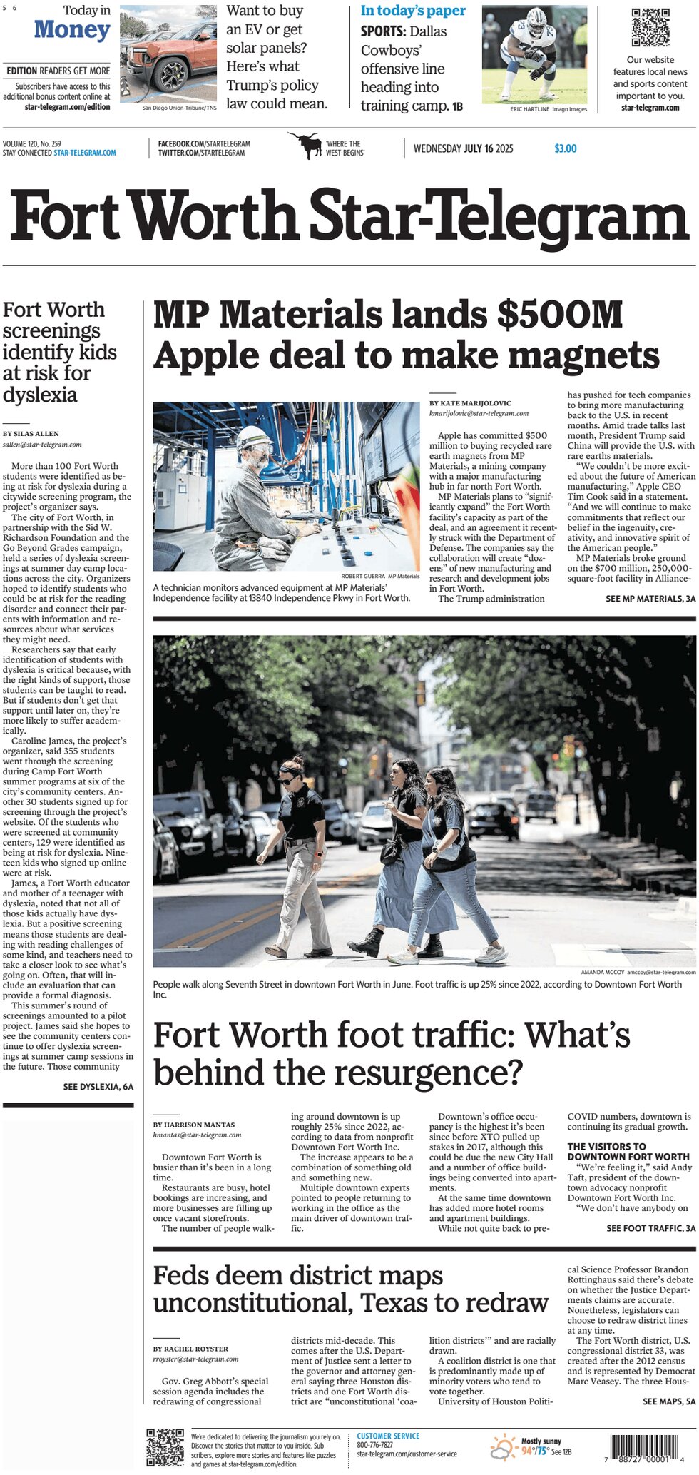 Fort Worth StarTelegram Today's Front Page, 16/07/2025