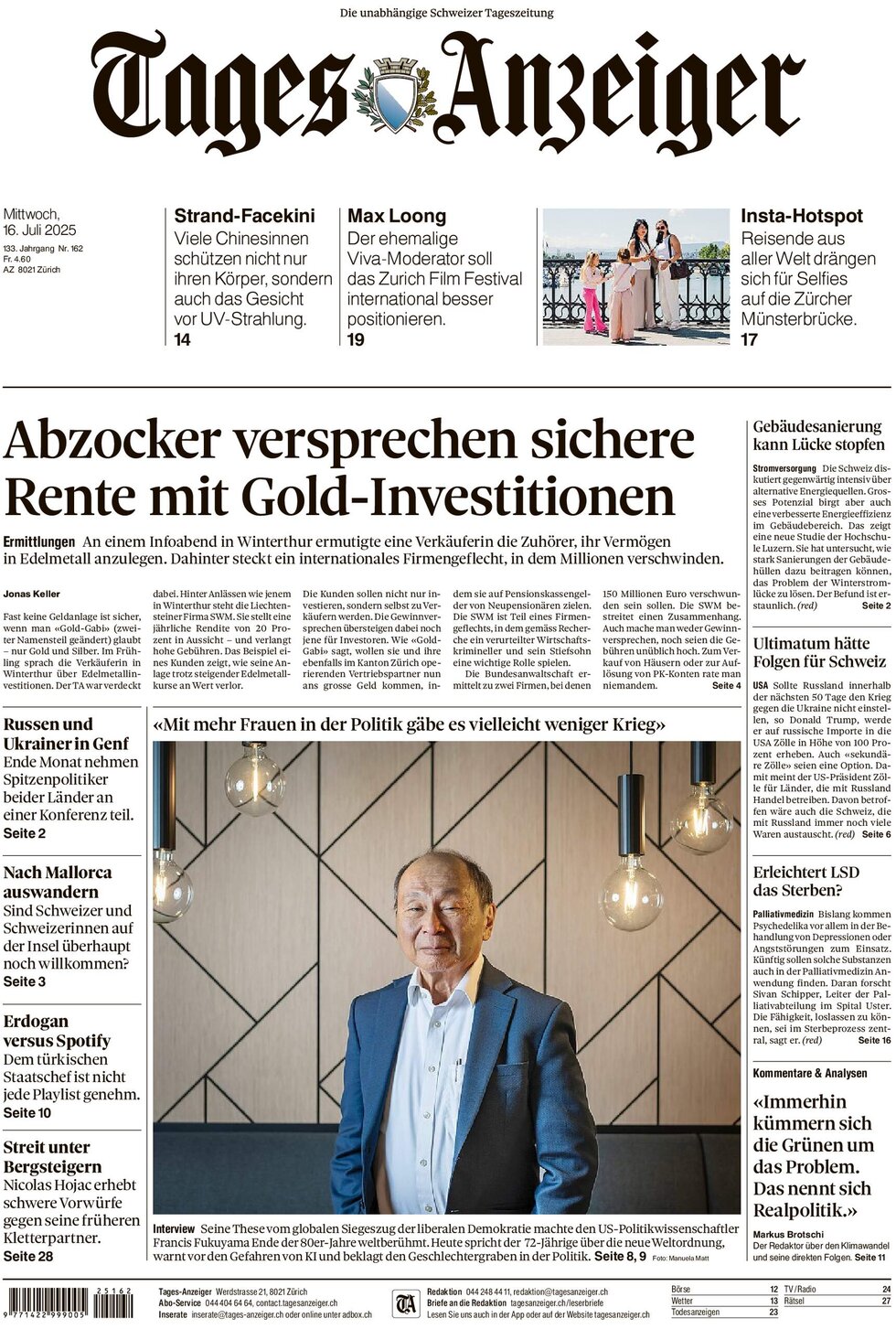 Tages-Anzeiger (Tagi TA) - Front Page - 07/16/2025