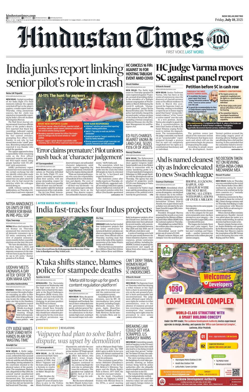 Hindustan Times - Front Page - 07/18/2025