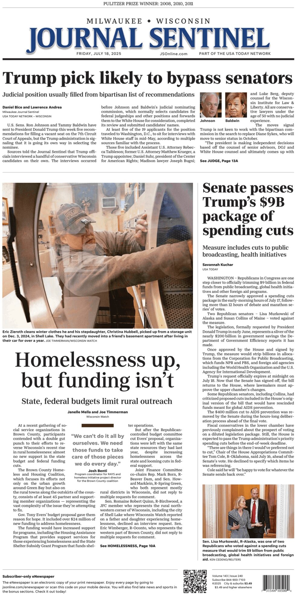 Milwaukee Journal Sentinel Today's Front Page, 18/07/2025