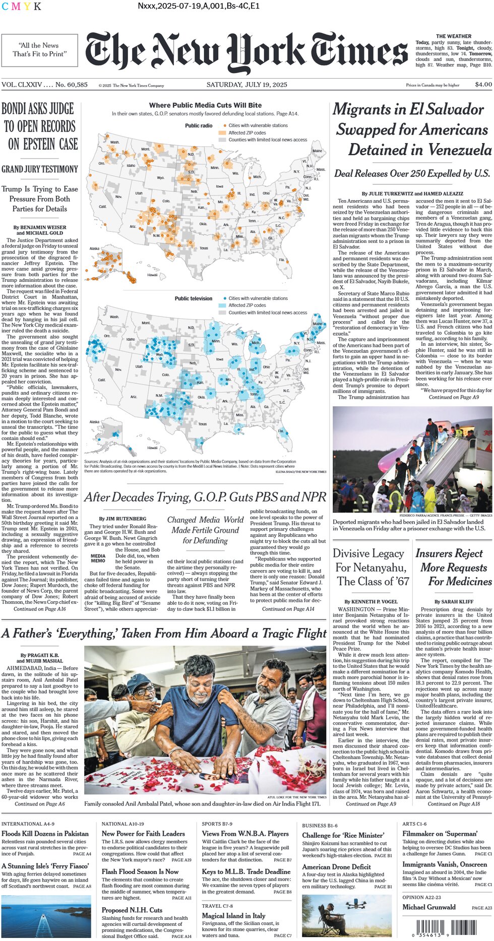 The New York Times - Today's Front Page, 19/07/2025